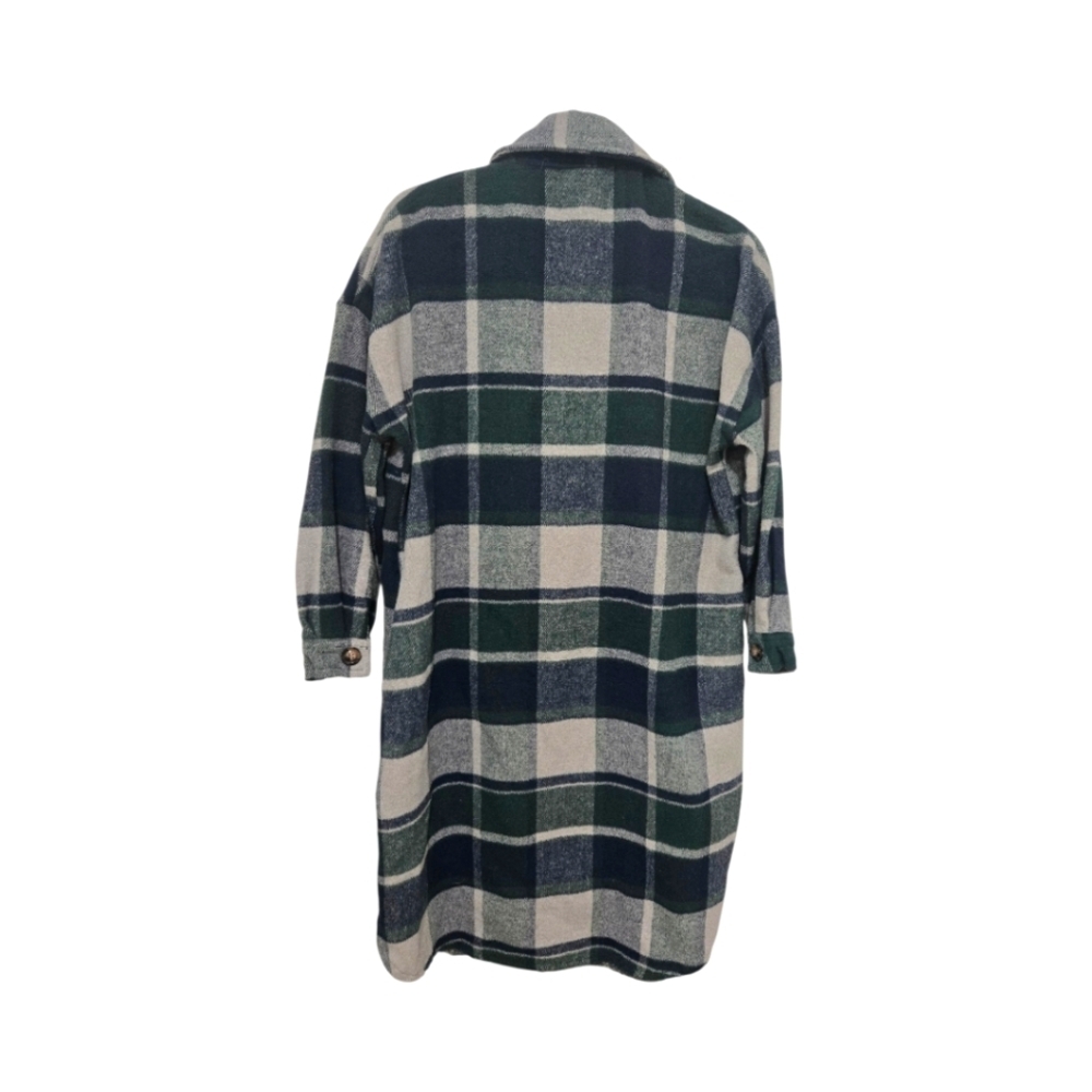 Plaid Flannel Shacket Jacket Oversized Button Up Blue Green XS Women's Grunge - Picture 7 of 8